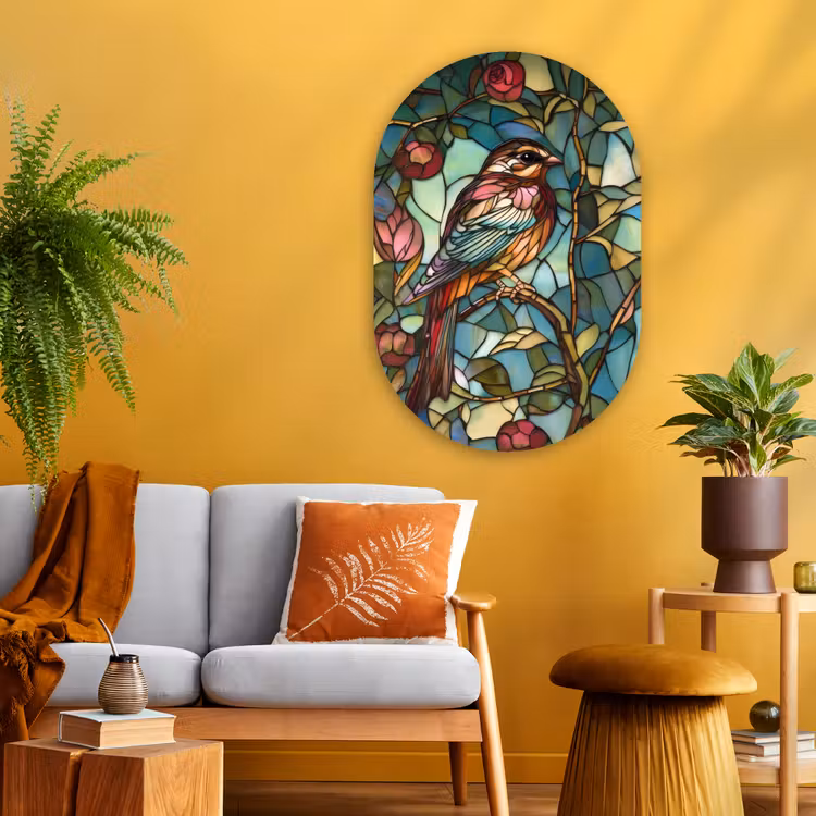 Vogel - Tak - Rozen - Mozaïek Wandcirkel Ovaal Glas middel -sfeer4