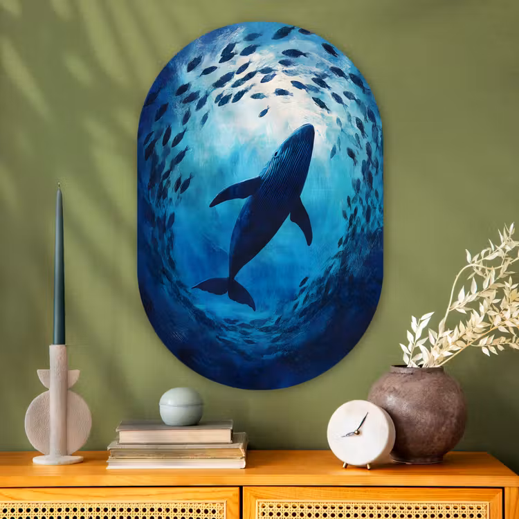 Walvis - Vissen - Donkerblauw Wandcirkel Ovaal Glas middel -sfeer2