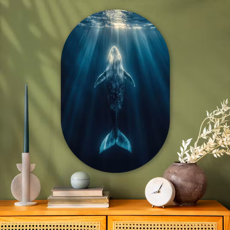 Walvis - Water - Zonnestralen - Blauw Wandcirkel Ovaal Glas middel -sfeer2