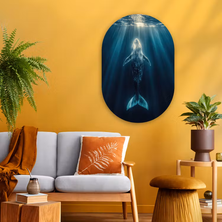 Walvis - Water - Zonnestralen - Blauw Wandcirkel Ovaal Glas middel -sfeer4