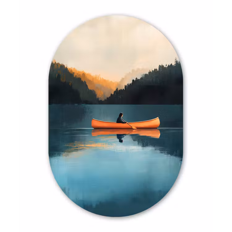 Bossen - Meer - Kano - Oranje Wandcirkel Ovaal Glas middel -3d