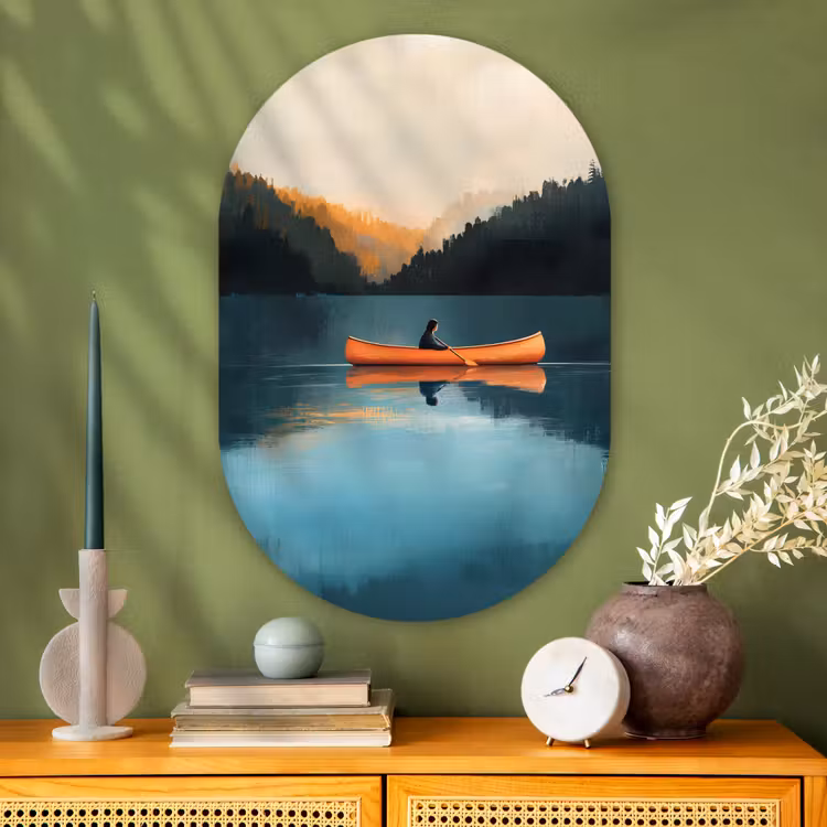 Bossen - Meer - Kano - Oranje Wandcirkel Ovaal Glas middel -sfeer2
