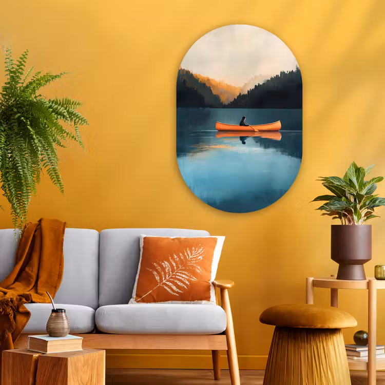 Bossen - Meer - Kano - Oranje Wandcirkel Ovaal Glas middel -sfeer4