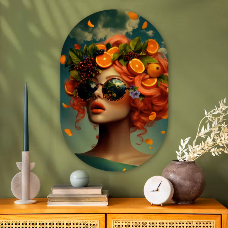 Vrouw - Sinaasappel - Bessen - Oranje Wandcirkel Ovaal Glas middel -sfeer2