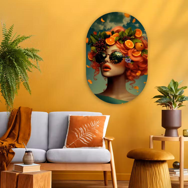 Vrouw - Sinaasappel - Bessen - Oranje Wandcirkel Ovaal Glas middel -sfeer4