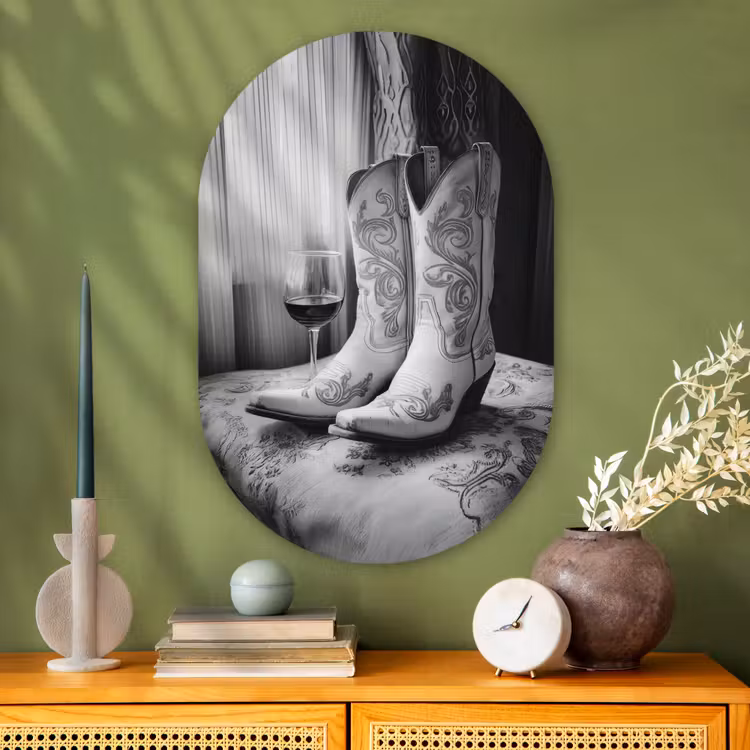 Wijn - Cowboylaarzen - Raamlicht - Wit Wandcirkel Ovaal Glas middel -sfeer2