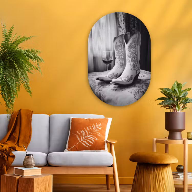 Wijn - Cowboylaarzen - Raamlicht - Wit Wandcirkel Ovaal Glas middel -sfeer4