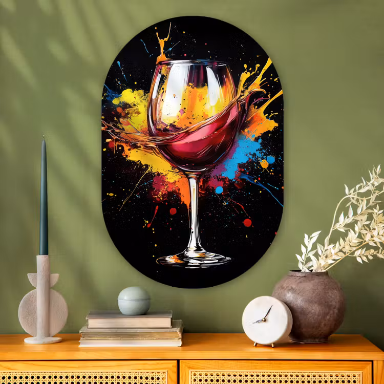Wijn - Glas - Graffiti - Borrel - Rood - Verf Wandcirkel Ovaal Glas middel -sfeer2
