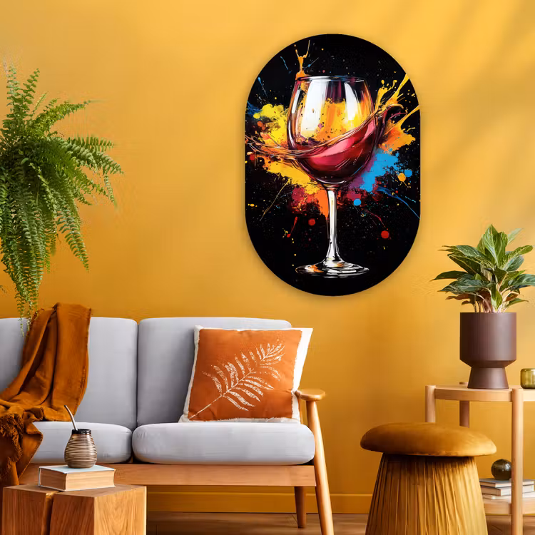Wijn - Glas - Graffiti - Borrel - Rood - Verf Wandcirkel Ovaal Glas middel -sfeer4