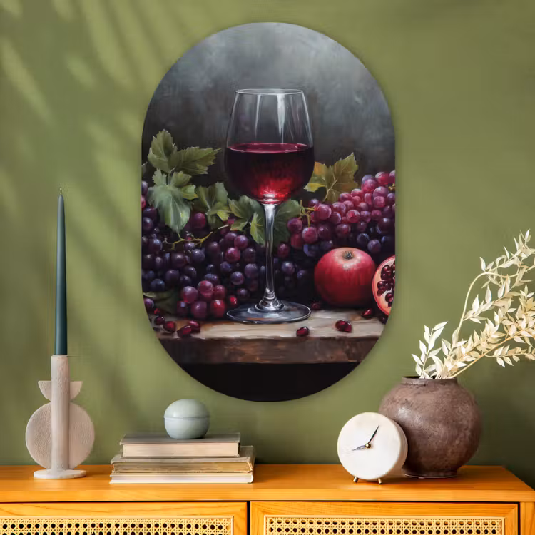 Wijn - Fruit - Stilleven Wandcirkel Ovaal Glas middel -sfeer2
