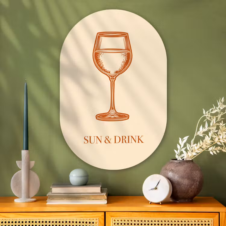 Wijn - Zomer - Quote - Oranje Wandcirkel Ovaal Glas middel -sfeer2