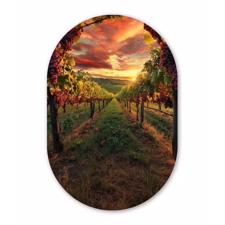Wijngaard - Druiven - Zonsondergang Wandcirkel Ovaal Glas middel -3d