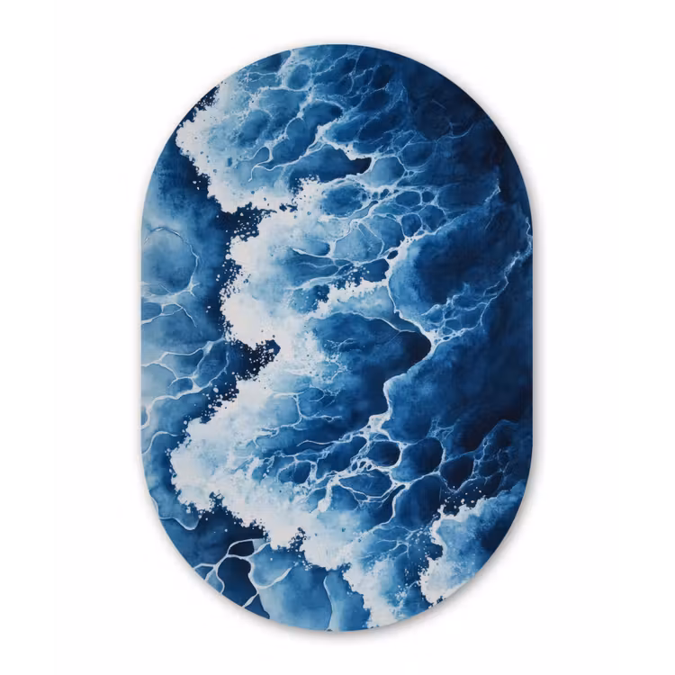 Golven - Blauw - Schuim Wandcirkel Ovaal Glas middel -3d