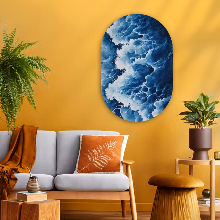Golven - Blauw - Schuim Wandcirkel Ovaal Glas middel -sfeer4