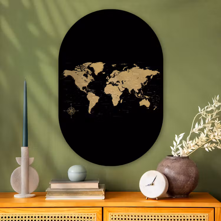 Wereldkaart - Beige - Zwart Wandcirkel Ovaal Glas middel -sfeer2