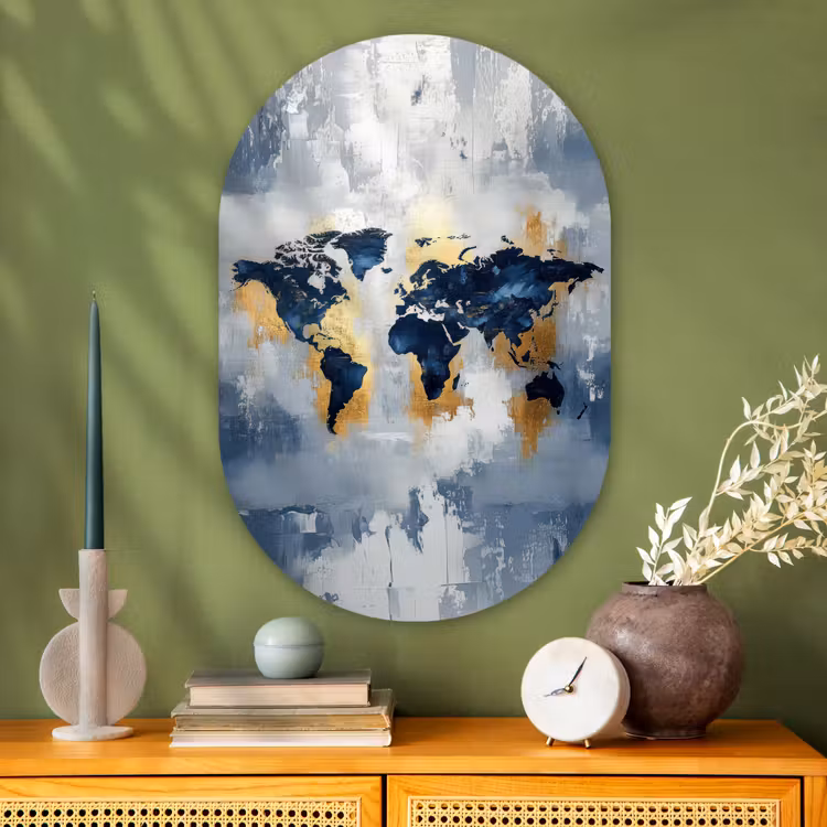 Wereldkaart - Blauw - Abstract Wandcirkel Ovaal Glas middel -sfeer2