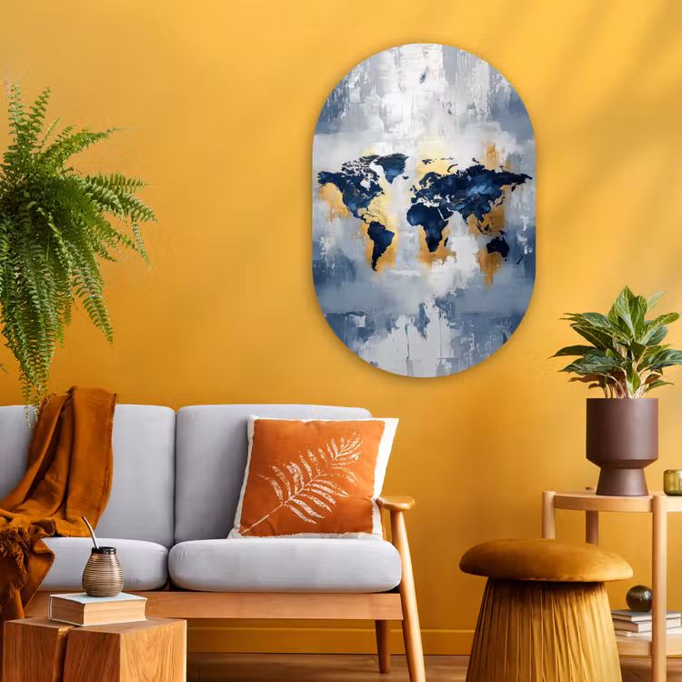 Wereldkaart - Blauw - Abstract Wandcirkel Ovaal Glas middel -sfeer4