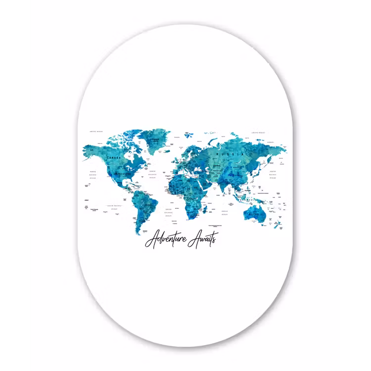 Wereldkaart - Blauw - Kleurrijk Wandcirkel Ovaal Glas middel -3d