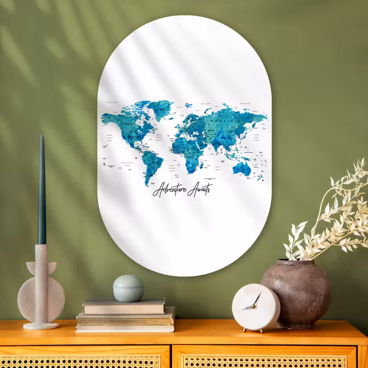 Wereldkaart - Blauw - Kleurrijk Wandcirkel Ovaal Glas middel -sfeer2