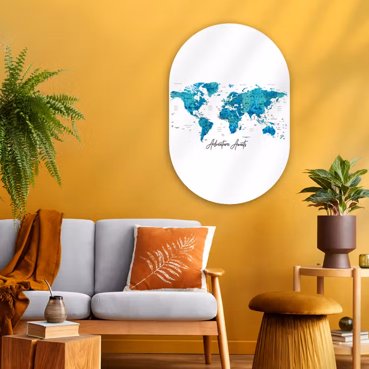 Wereldkaart - Blauw - Kleurrijk Wandcirkel Ovaal Glas middel -sfeer4