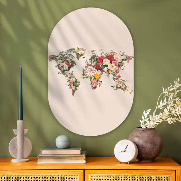 Wereldkaart - Bloemen - Roze Wandcirkel Ovaal Glas middel -sfeer2