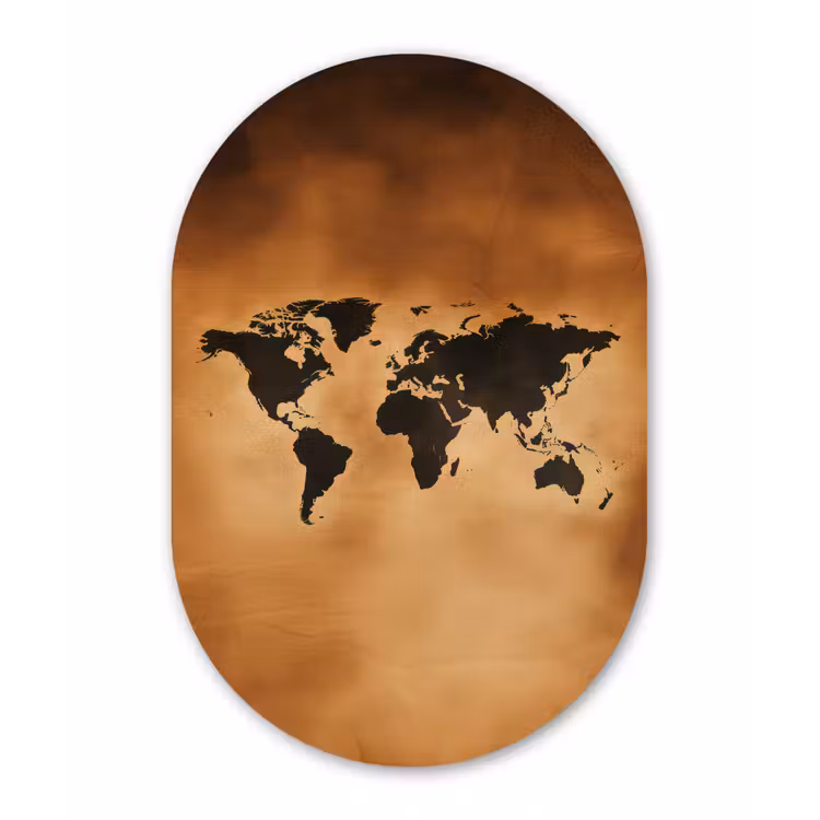 Wereldkaart - Bruin - Kaart Wandcirkel Ovaal Glas middel -3d