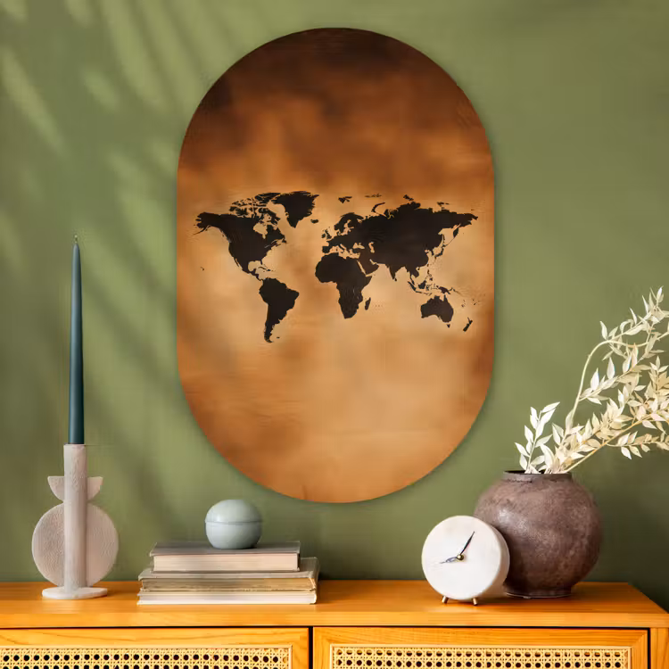 Wereldkaart - Bruin - Kaart Wandcirkel Ovaal Glas middel -sfeer2