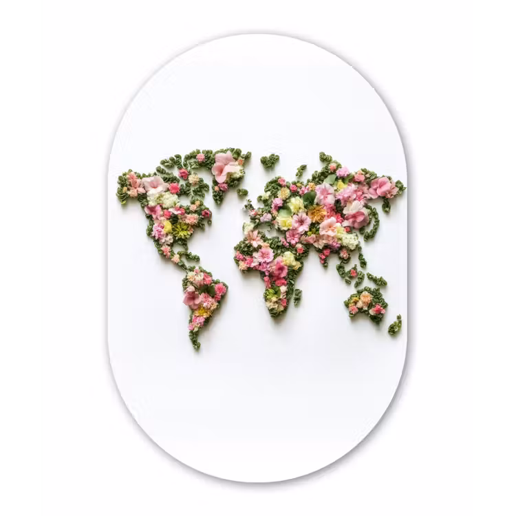 Wereldkaart - Kleurrijk - Bloemen - Lente Wandcirkel Ovaal Glas middel -3d