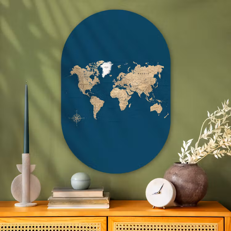 Wereldkaart - Donkerblauw - Beige Wandcirkel Ovaal Glas middel -sfeer2