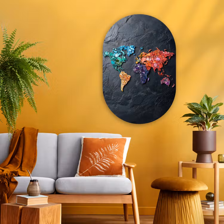 Wereldkaart - Edelstenen - Regenboog - Ruw Wandcirkel Ovaal Glas middel -sfeer4