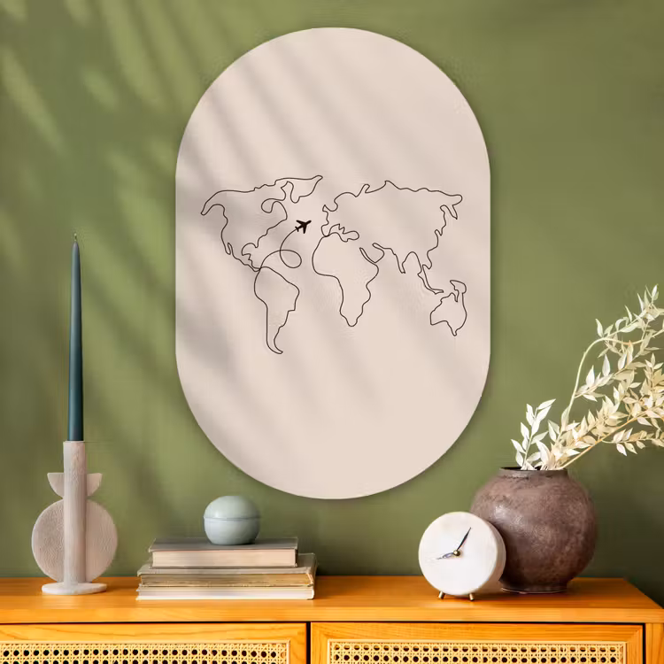 Wereldkaart - Simpel - Vliegtuig Wandcirkel Ovaal Glas middel -sfeer2