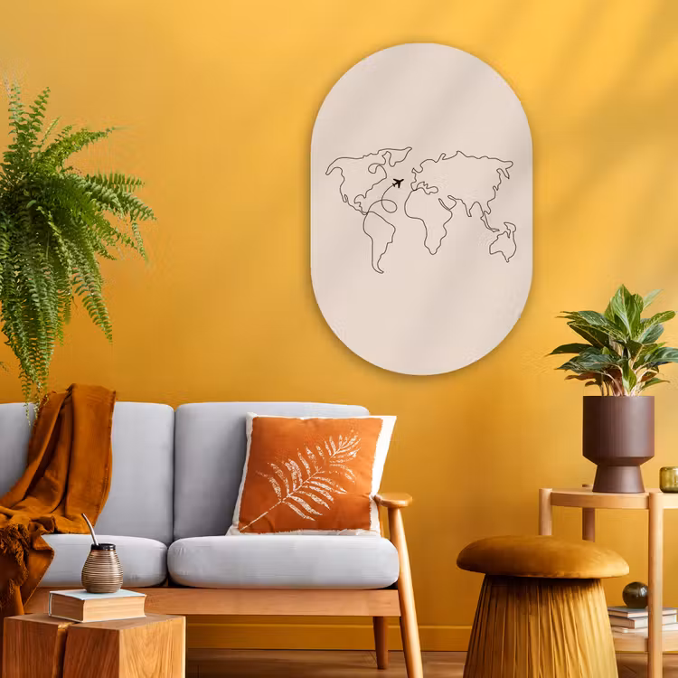 Wereldkaart - Simpel - Vliegtuig Wandcirkel Ovaal Glas middel -sfeer4