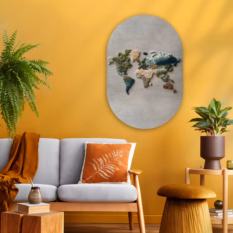 Wereldkaart - Geborduurd - Aardetinten Wandcirkel Ovaal Glas middel -sfeer4