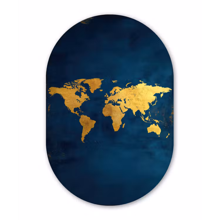 Wereldkaart - Goud - Donkerblauw Wandcirkel Ovaal Glas middel -3d