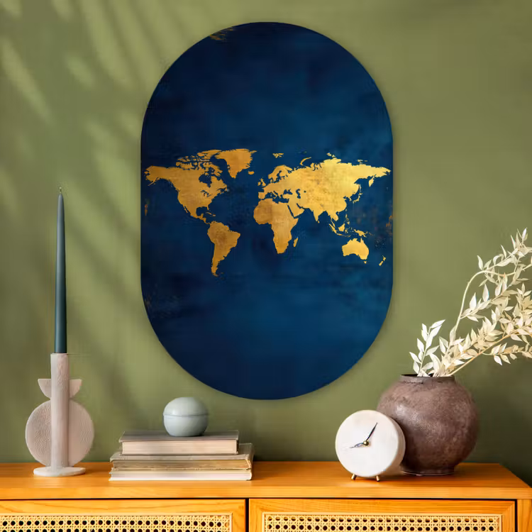 Wereldkaart - Goud - Donkerblauw Wandcirkel Ovaal Glas middel -sfeer2