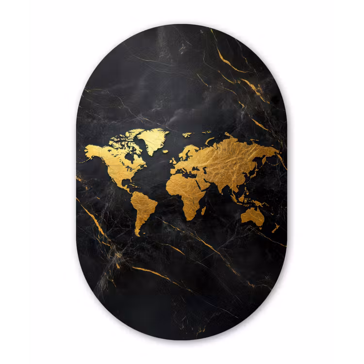 Wereldkaart - Goud - Marmer Wandcirkel Ovaal Glas middel -3d