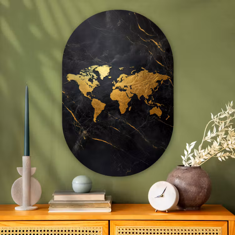 Wereldkaart - Goud - Marmer Wandcirkel Ovaal Glas middel -sfeer2