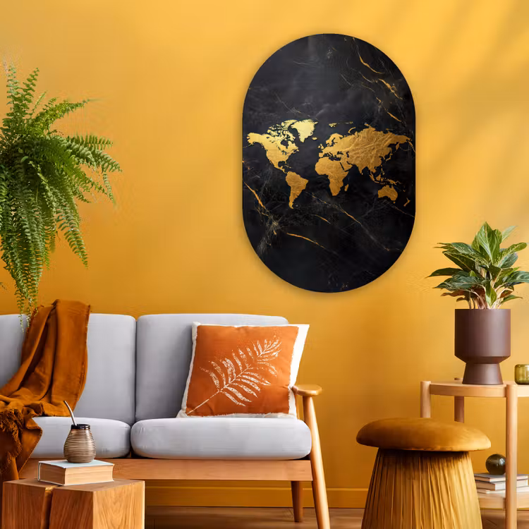 Wereldkaart - Goud - Marmer Wandcirkel Ovaal Glas middel -sfeer4