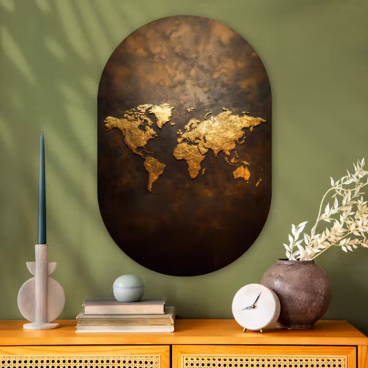 Wereldkaart - Goud - Roest Wandcirkel Ovaal Glas middel -sfeer2