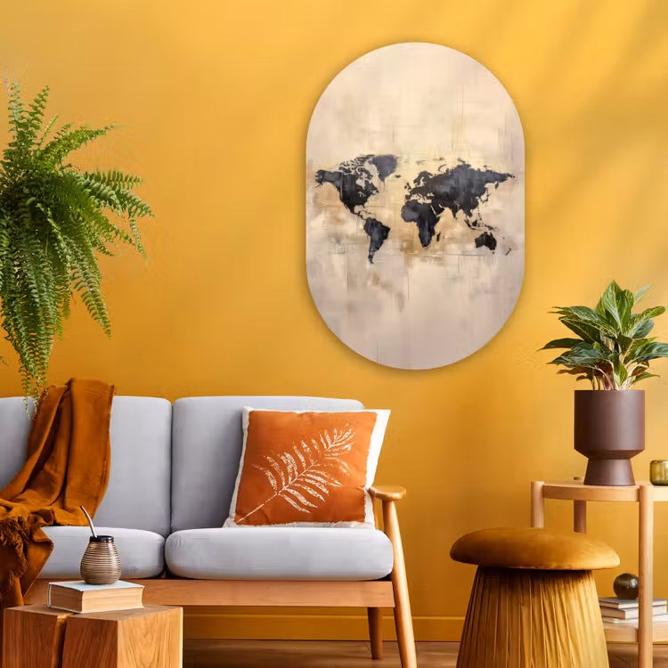 Wereldkaart - Goud - Zwart - Abstract Wandcirkel Ovaal Glas middel -sfeer4