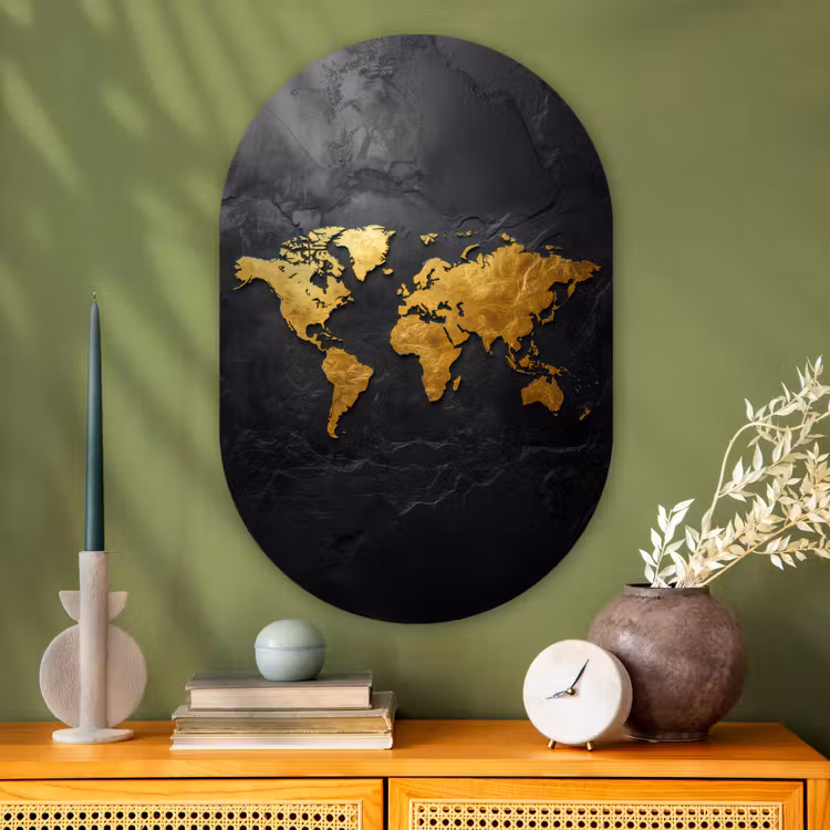 Wereldkaart - Goud - Steen Wandcirkel Ovaal Glas middel -sfeer2