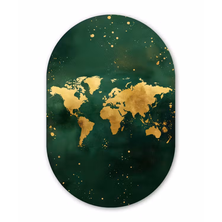 Wereldkaart - Groen - Goud Wandcirkel Ovaal Glas middel -3d