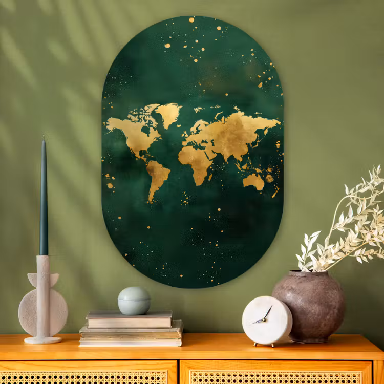 Wereldkaart - Groen - Goud Wandcirkel Ovaal Glas middel -sfeer2