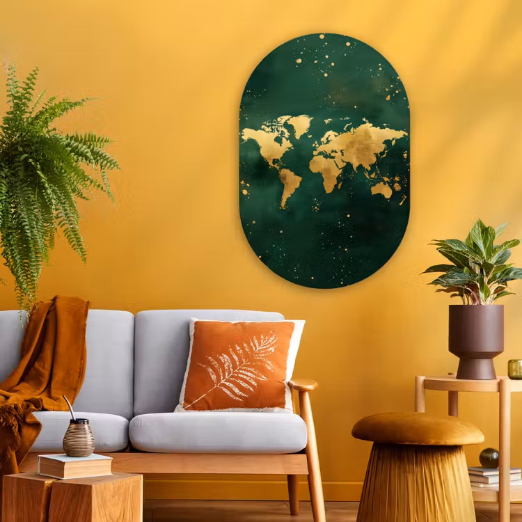 Wereldkaart - Groen - Goud Wandcirkel Ovaal Glas middel -sfeer4