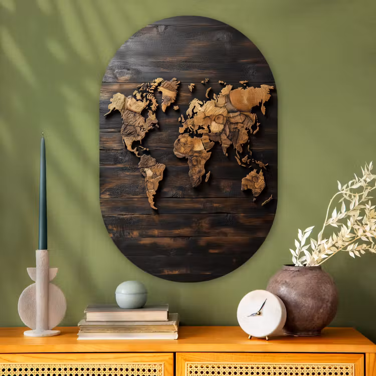 Wereldkaart - Hout - Mozaïek Wandcirkel Ovaal Glas middel -sfeer2