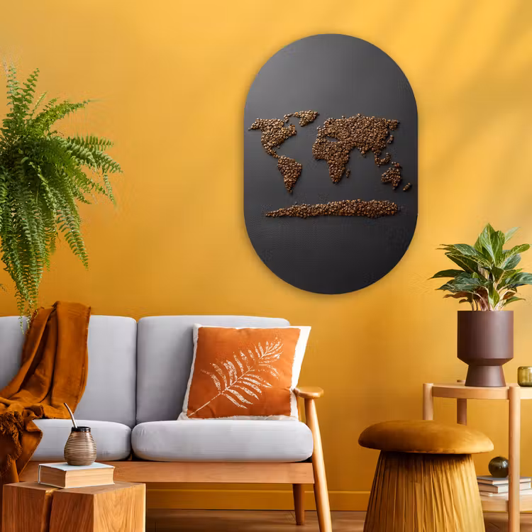Wereldkaart - Koffie - Grijs Wandcirkel Ovaal Glas middel -sfeer4