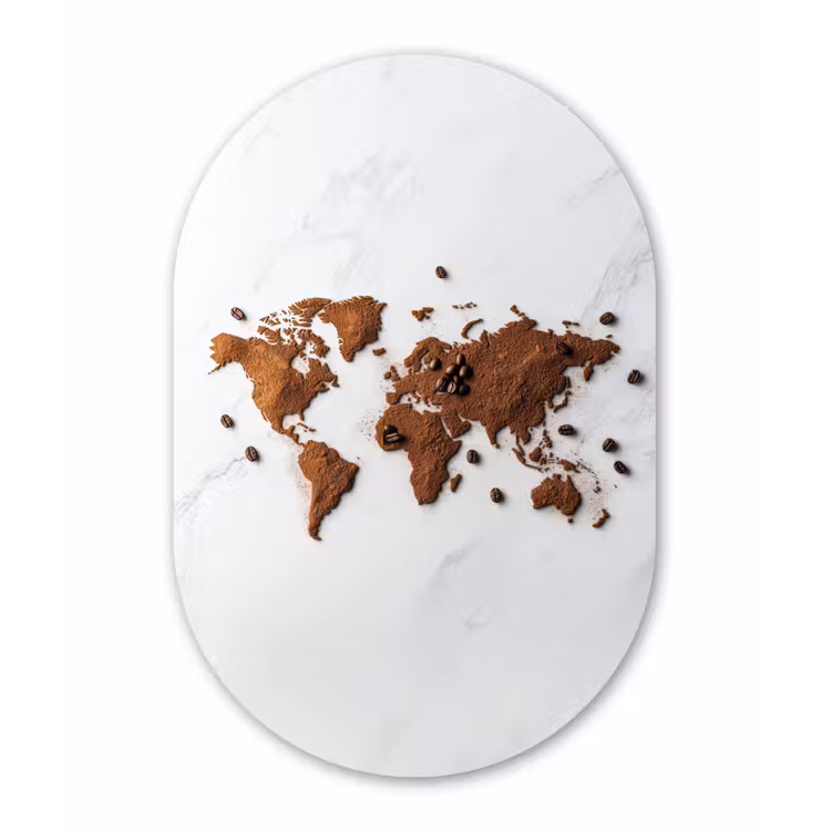 Wereldkaart - Koffie - Marmer Wandcirkel Ovaal Glas middel -3d