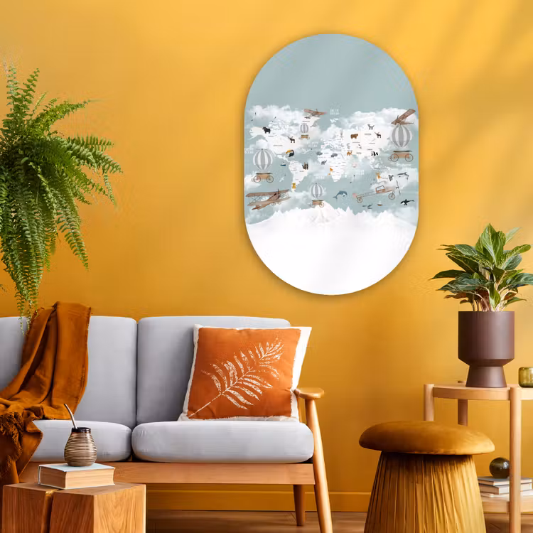 Wereldkaart - Kind - Vliegtuig Wandcirkel Ovaal Glas middel -sfeer4