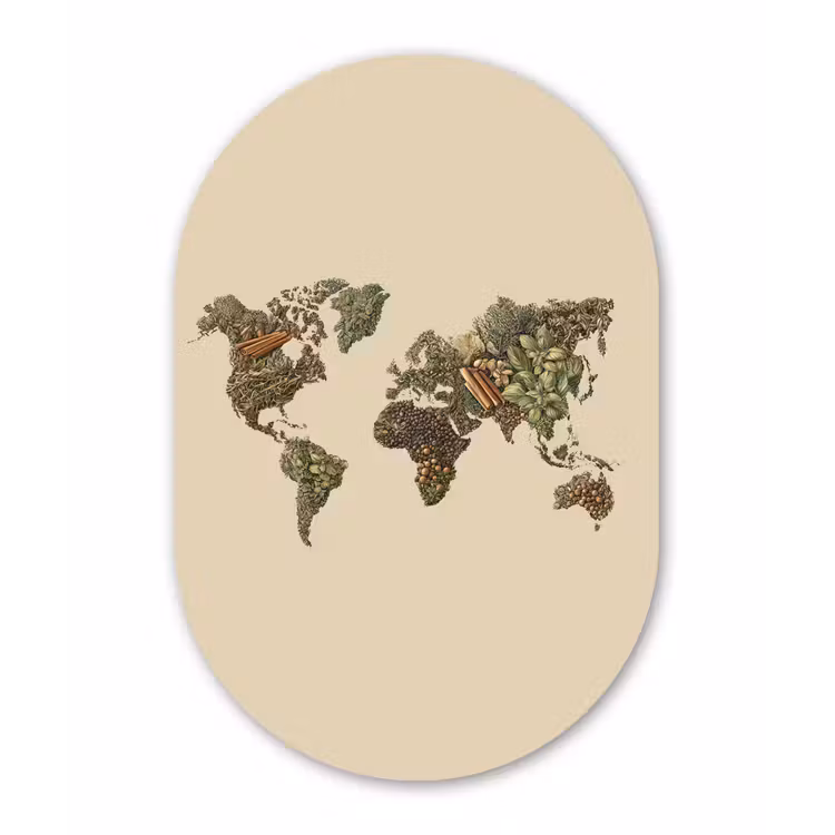 Wereldkaart - Kruiden - Kleurrijk Wandcirkel Ovaal Glas middel -3d