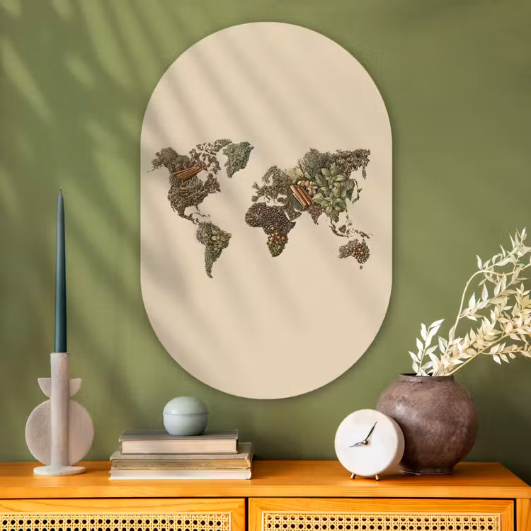 Wereldkaart - Kruiden - Kleurrijk Wandcirkel Ovaal Glas middel -sfeer2